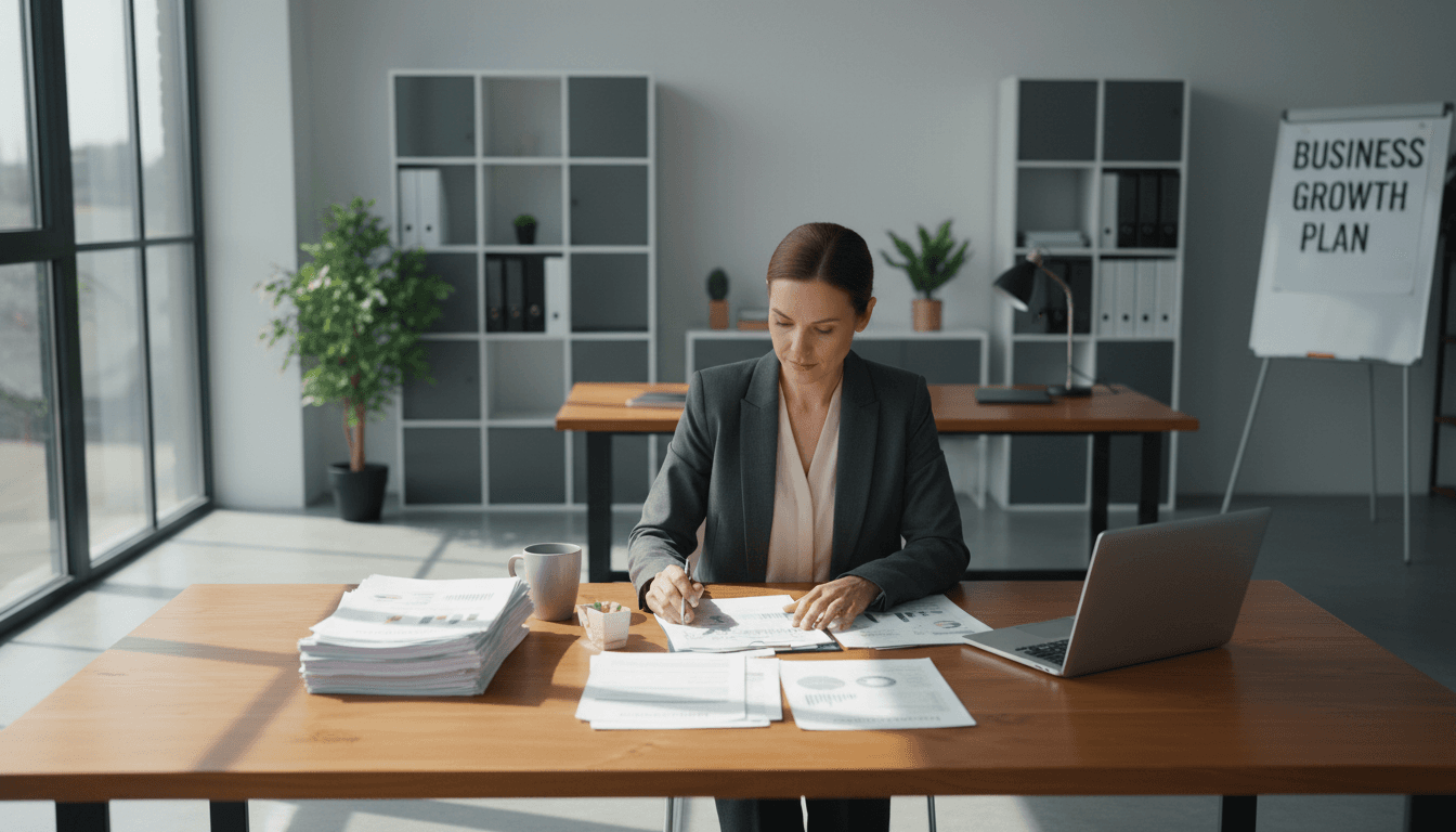 Business owner reviewing loan documents and financial paperwork at desk