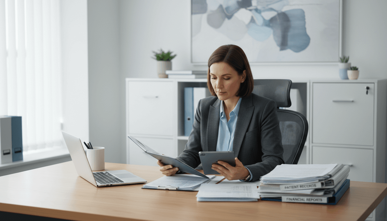 Medical practice manager reviewing patient records and operational finances