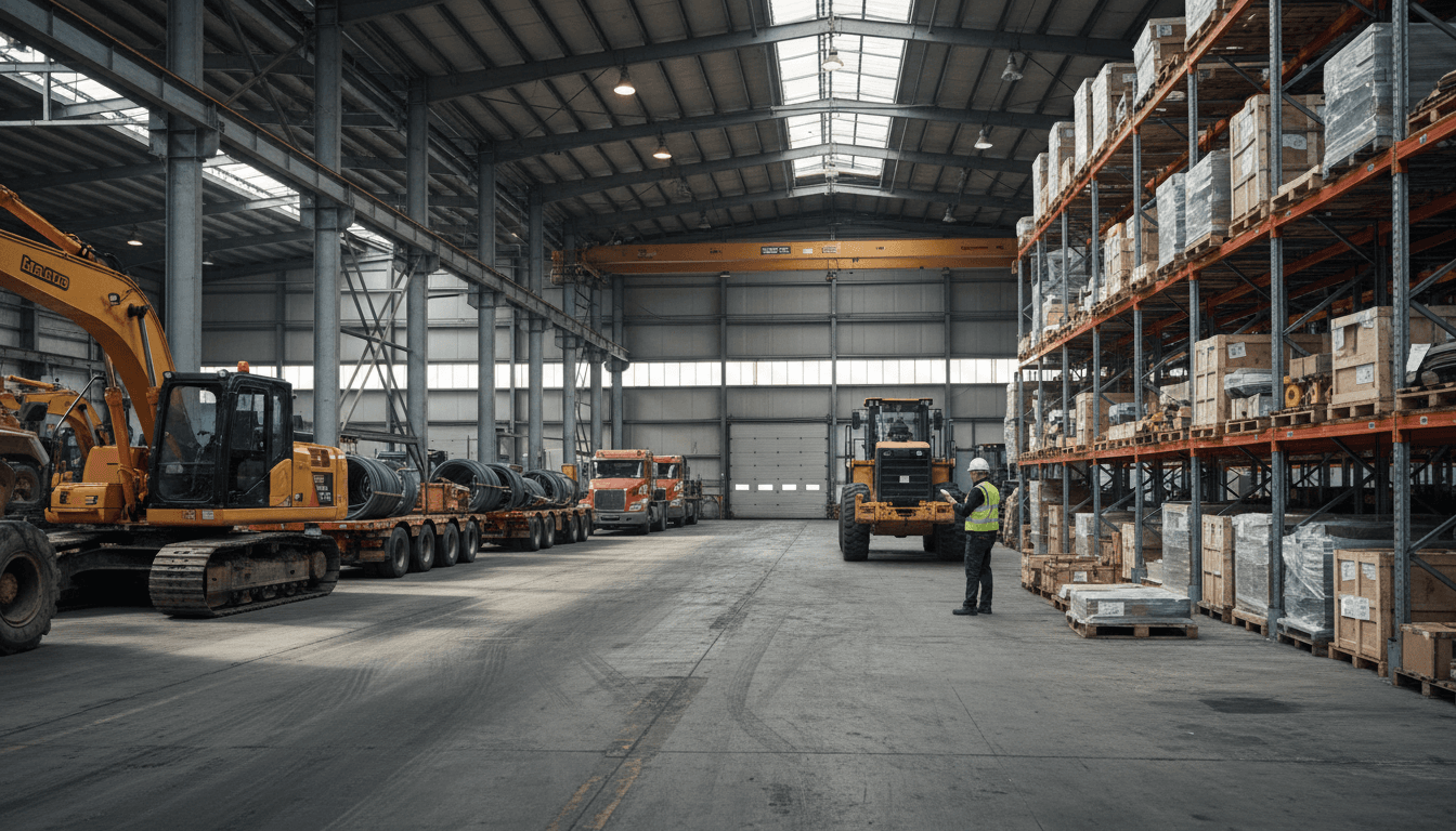 Warehouse manager inspecting equipment and inventory in operational facility