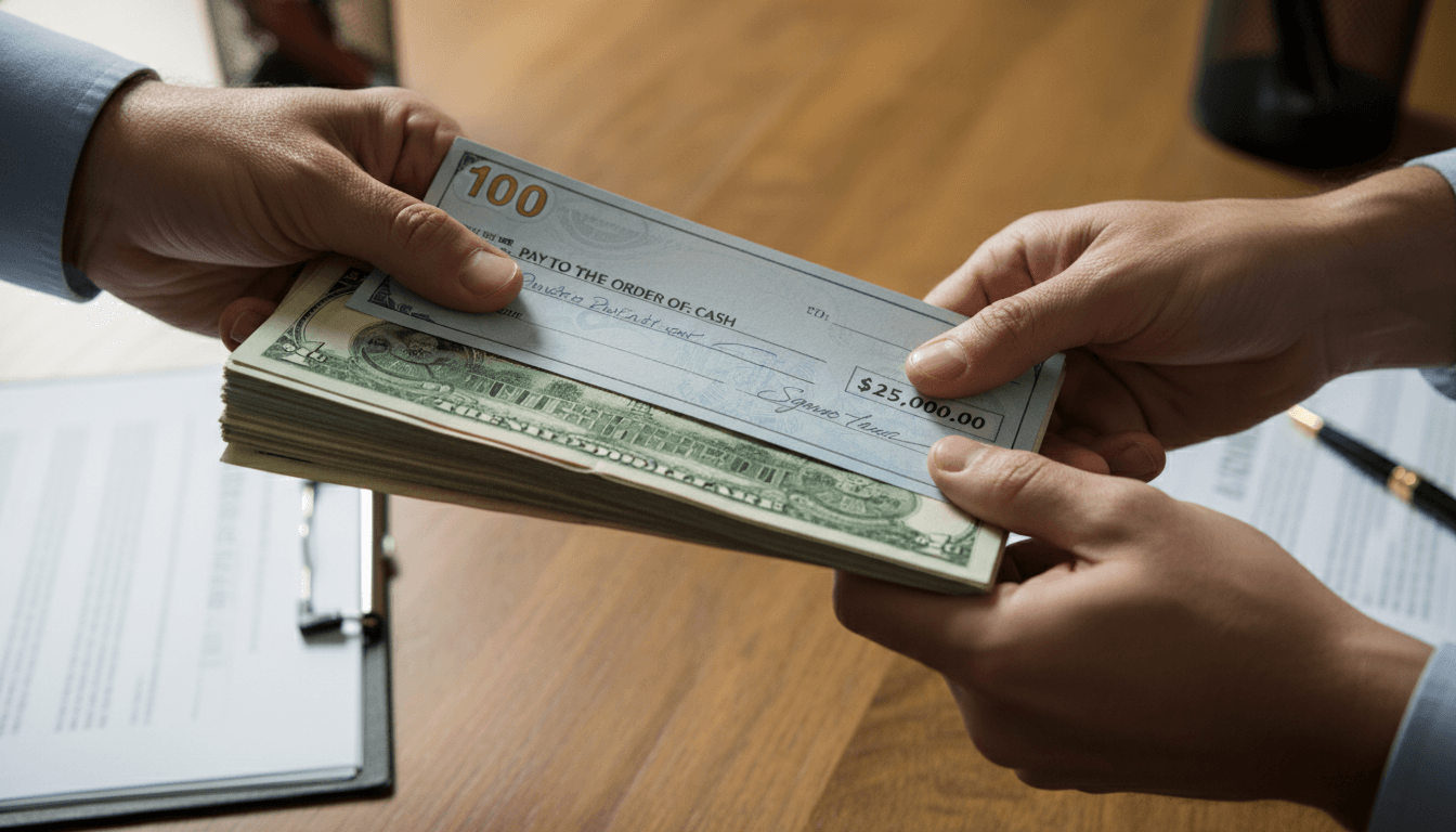 Hands exchanging business capital and check