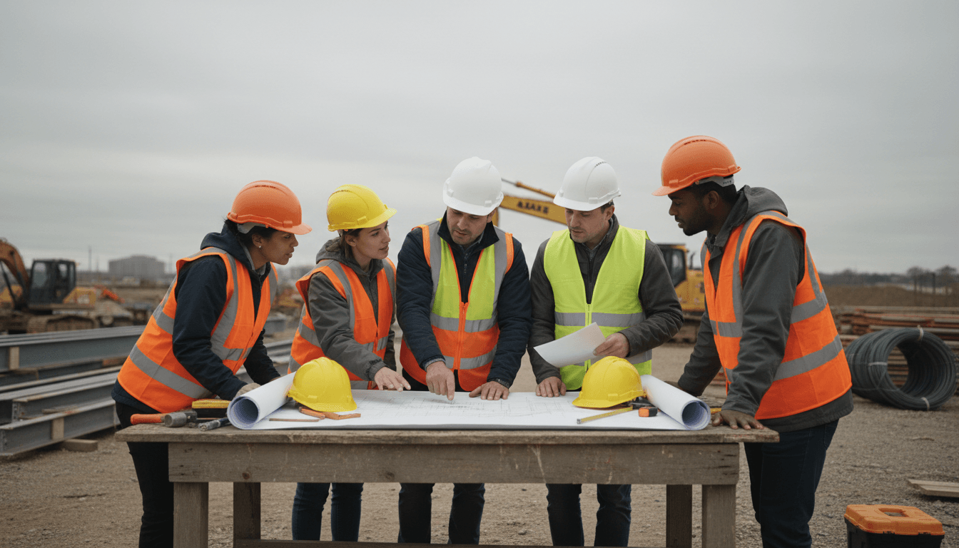 Construction team reviewing project plans and equipment on job site